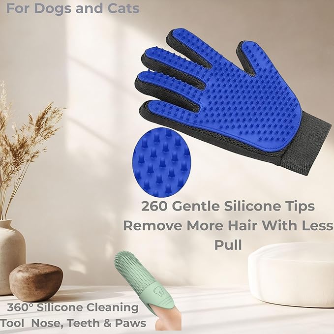 Pet Grooming Glove for Dogs, Cats & Horses – 2-in-1 Deshedding & Massage Mitt – Soft Silicone Tips – Left & Right Hand Set + Bonus Detail Tool