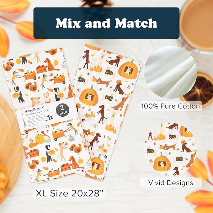 Dog Kitchen Towels - Thanksgiving Kitchen Towels - Fall Decor Dog Lover Gifts - Dog Thanksgiving Decor Dish Towels - Thanksgiving Tea Towels - (Harvest Hounds 2-Pack)