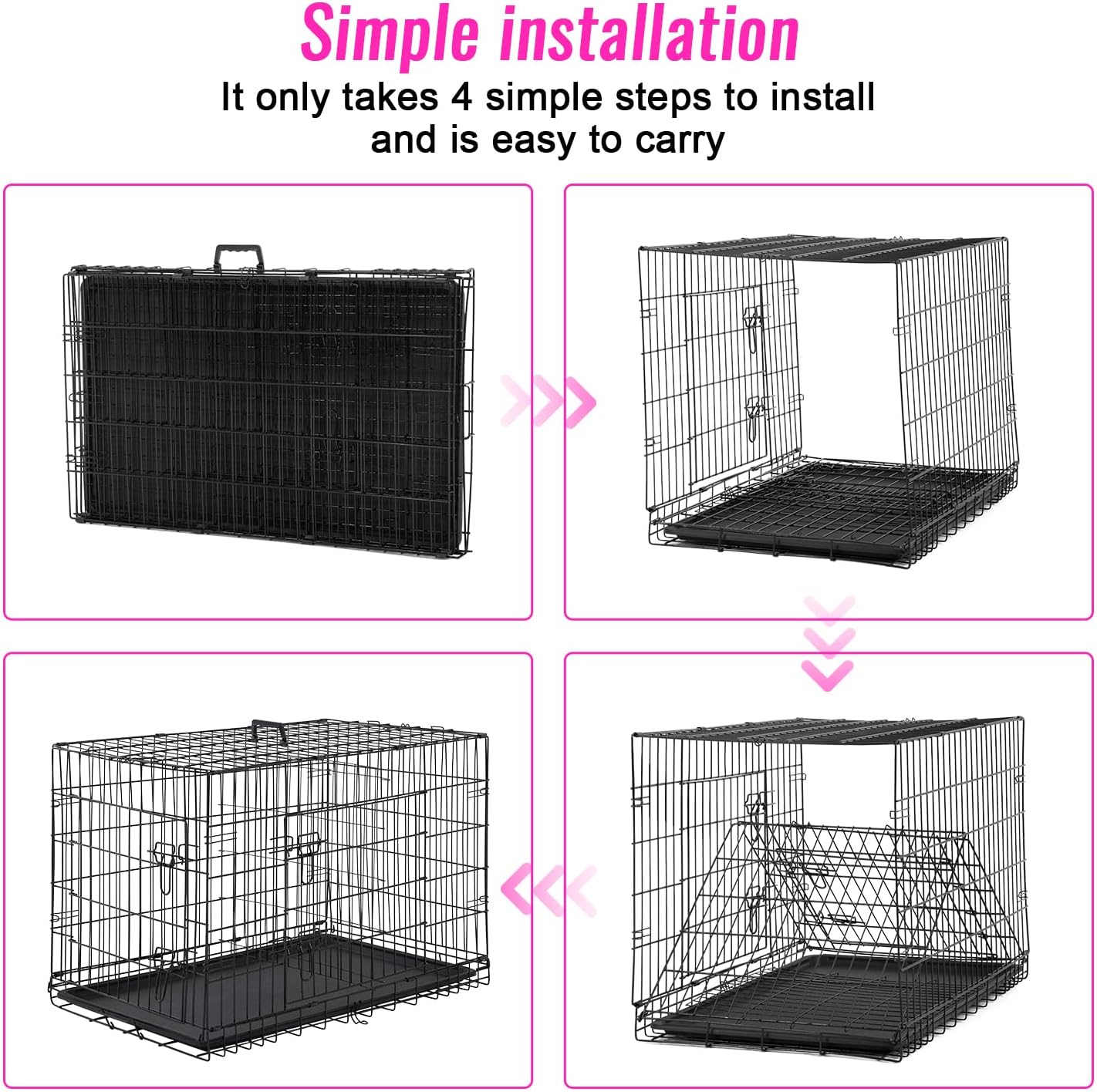 FDW Dog Crate for Large Dogs 48 Inch Folding Metal WirePet Cage Double Door W/Divider Panel Indoor Outdoor Kennel Leak-Proof Plastic Tray,Black