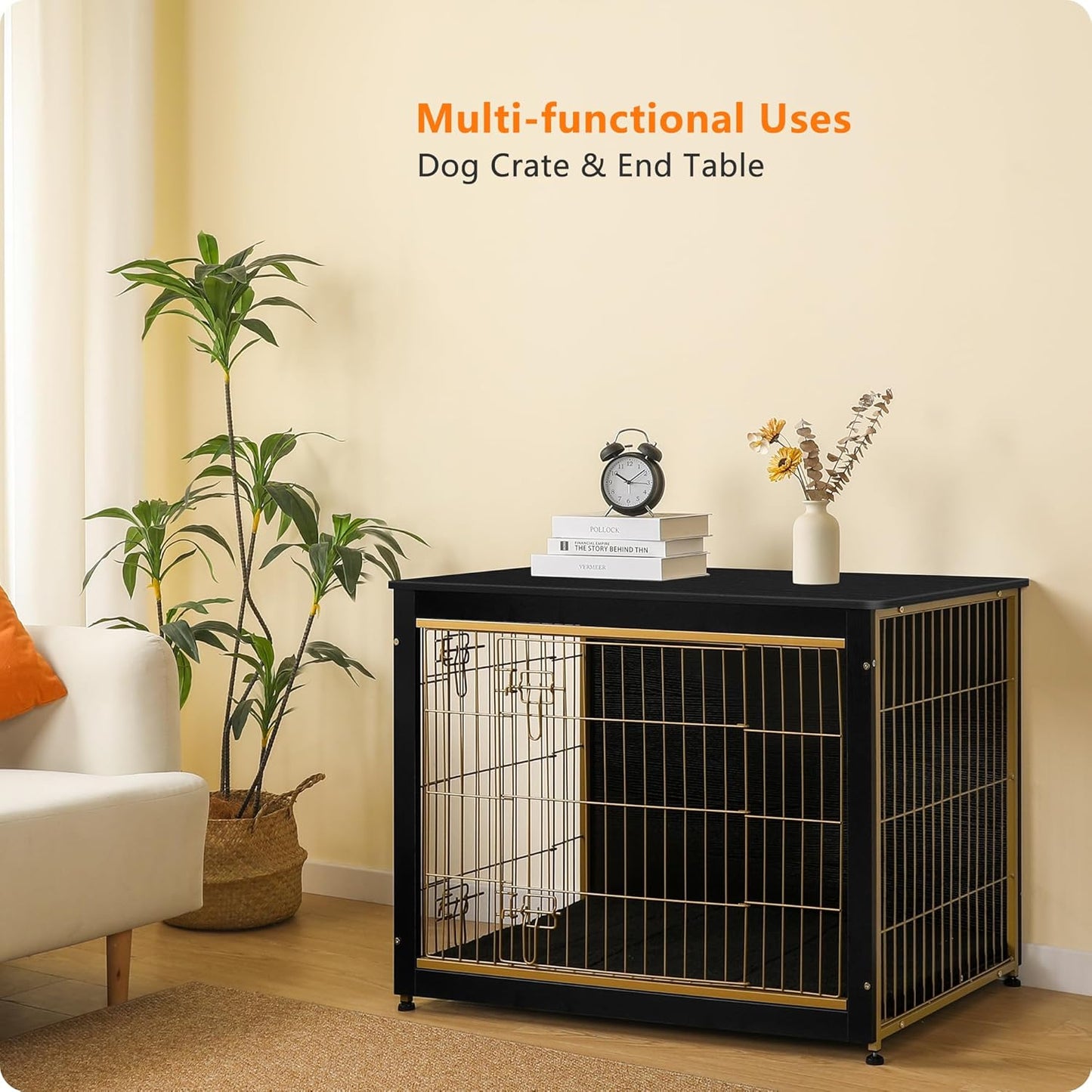 DWANTON Dog Crate Furniture with Cushion, Wooden Kennel Table with Double Doors, Indoor Dog House, Large Size, 38.5" L, Black+Gold