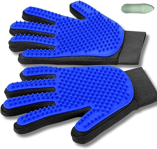 Pet Grooming Glove for Dogs, Cats & Horses – 2-in-1 Deshedding & Massage Mitt – Soft Silicone Tips – Left & Right Hand Set + Bonus Detail Tool