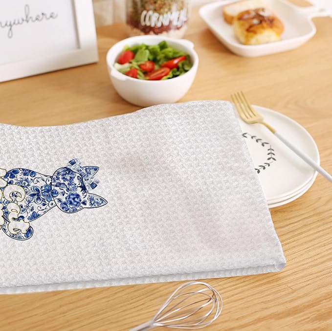 HIWX Cat Mom Kitchen Towels, Blue Chinoiserie Floral Kitty Decorative Kitchen Dish Towels, Cat Mom Lady Lovers Owners Gifts for Women Hand Towels for Bathroom Decor, 16x24 Inches