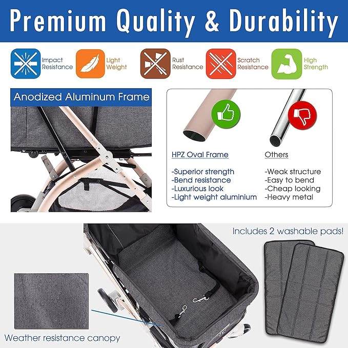 HPZ-PR America Pet Rover Lite Premium Light-Weight Dog/Cat/Pet Stroller Travel Carriage with Convertible Compartment/Aluminum Frame for Small & Medium Pets (Gray 2nd-Gen.)