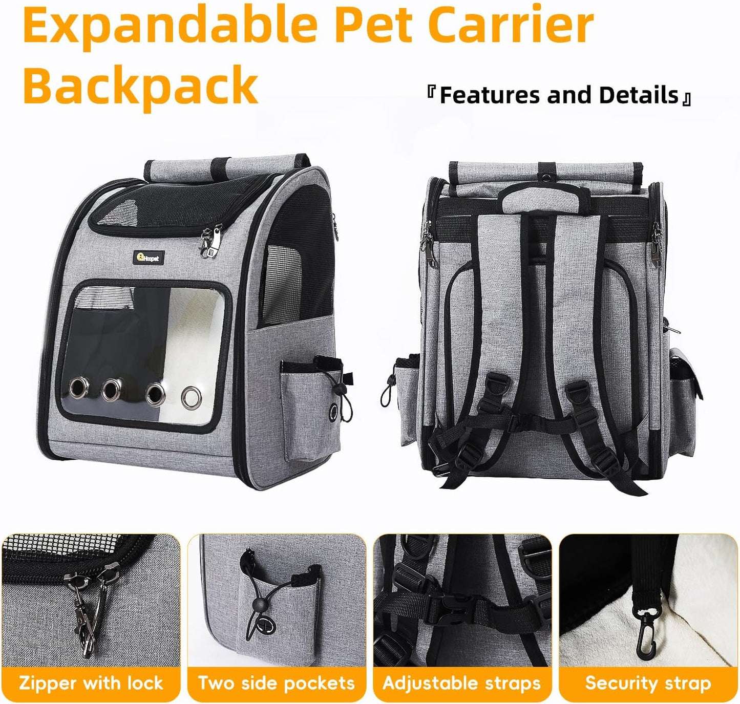 Hoopet Expandable Cat Backpack Carrier – Breathable Pet Carrier for Small Cats & Dogs, Foldable Travel Backpack with Mesh Ventilation for Hiking, Walking, Camping, Light Grey