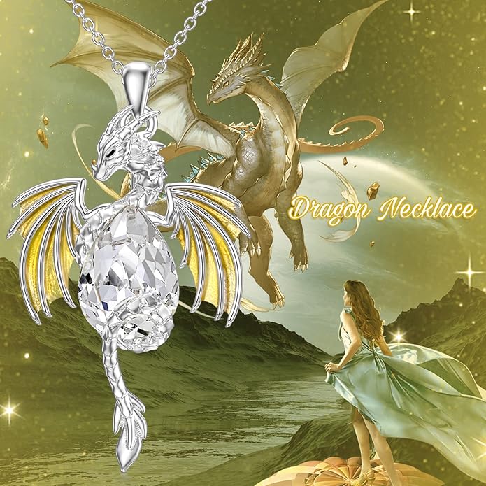 Dragon Necklace for Men Sterling Silver Birthstone Wyvern Necklace Embllished with Teardrop Shaped Crystal Jewelry for Women