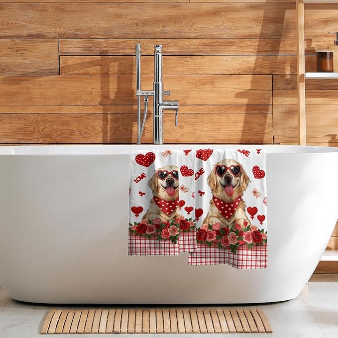 Giwawa Valentine Dog Hand Towels Set of 2 Hugs Kisses Dish Towels Soft Highly Absorbent Fingertip Towel for Home Bathroom Kitchen Hotel Spa