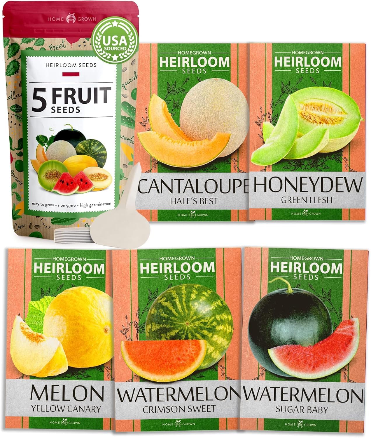 HOME GROWN 𝗨𝗦𝗔 𝗣𝗥𝗘𝗠𝗜𝗨𝗠 Melon Seeds Variety Pack 5 𝗡𝗢𝗡-𝗚𝗠𝗢 Heirloom Vegetable Seeds, Watermelon Cantaloupe Honeydew Sugar Baby & Melon, High Germination for Planting Home Garden Indoors