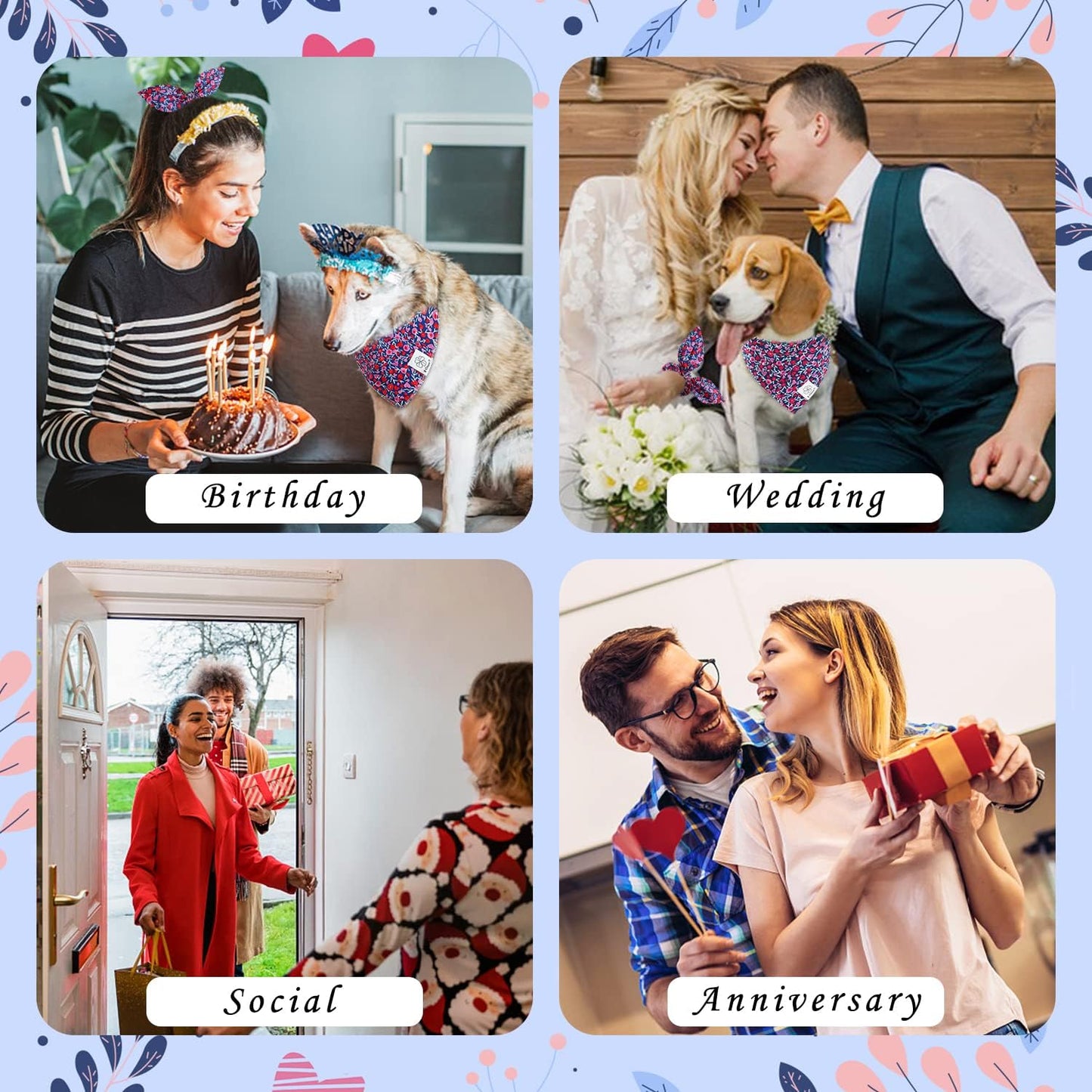 E-Clover Cute Girl Dog Bandanas & Matching Scrunchie Set Heart Dog Bandana Scarf with Bow Hair Ties for Small Puppy Dogs Pet Owner Mom Gifts Pink Floral