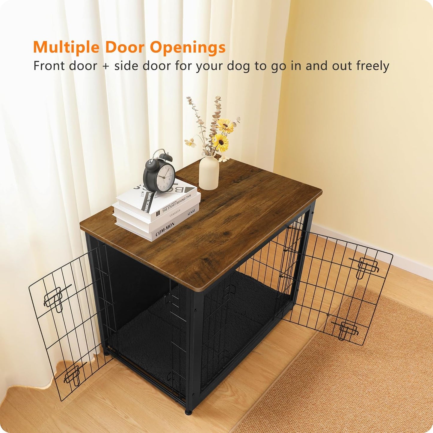 DWANTON Dog Crate Furniture with Cushion, Wooden Kennel Table with Double Doors, Indoor Dog House, Medium Size, 32.5" L, Black+Warm Brown