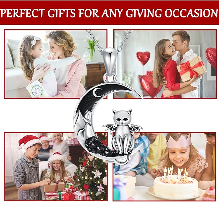 Gothic Jewelry Bat/Cat/Wolf/Dragon/Owl/Fox/Spider/Sun Pendant Sterling Silver Crescent Moon Necklace for Women Girls Black Jewelry Gifts