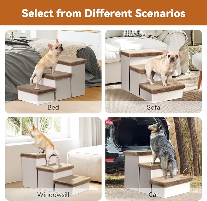 Dog Stairs with Furry Lids 18" H, 3-Step Wider Dog Steps with Storage for Small/Medium/Large Old Dogs Cats, Folding Sturdy Pet Stairs Climbing Bed Couch, Ramp for Car Up to 200 lbs, Khaki