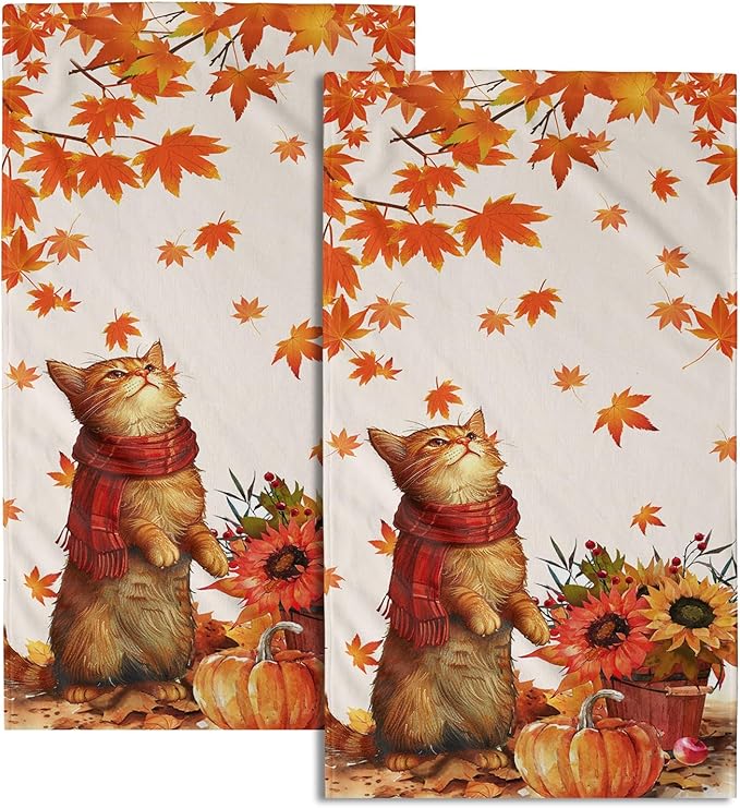 Giwawa Fall Cat Hand Towels Maple Leaves Kitchen Dish Towel Set of 2 Soft Fingertip Small Bath Towel Washcloths Decor for Hotel Spa Gym Sport