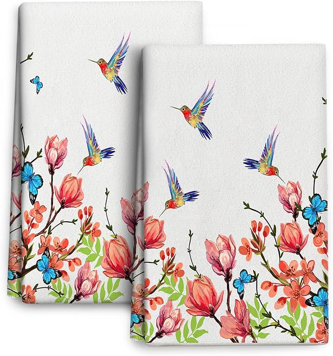Flower Hummingbird Kitchen Towels Decorative Set of 2, Soft Absorbent Dish Towels Hand Towels for Kitchen Farmhouse Spring Summer Home Decorations Gifts for Hummingbird Lovers