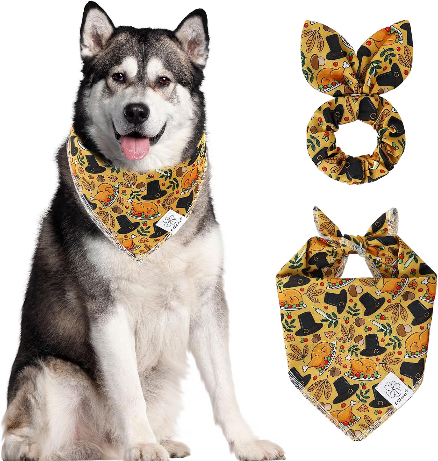 E-Clover Thanksgiving Dog Bandanas & Matching Scrunchie Set Girl Fall Turkey Dog Scarf Bibs Pet Bandana with Bow Tie for Medium Large Dogs Owner Mom Brown