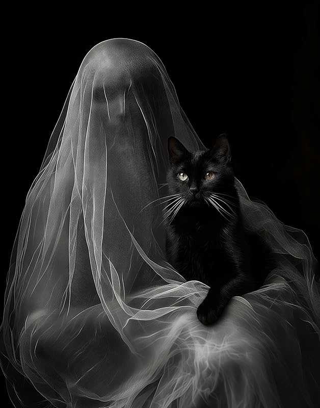 Ghost with a Black Cat Halloween Poster - Dark Academia Gothic Home Decor, Eerie Mystery Figure Art Print for Halloween Enthusiasts and Unique Wall Art Collectors (Unframed Print Poster, 28" x 36")