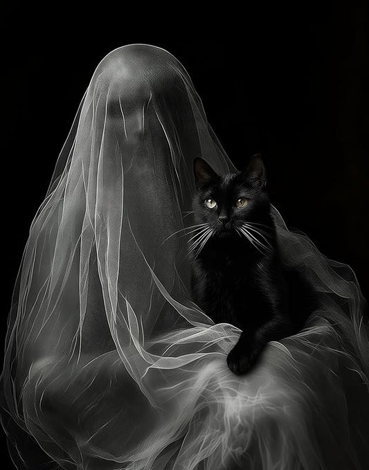 Ghost with a Black Cat Halloween Poster - Dark Academia Gothic Home Decor, Eerie Mystery Figure Art Print for Halloween Enthusiasts and Unique Wall Art Collectors (Unframed Print Poster, 16" x 20")