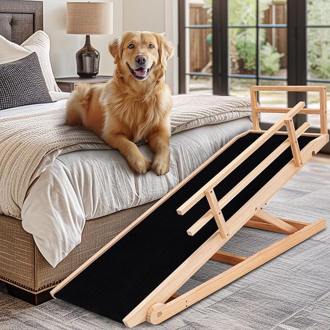 Dog Ramp, 5 Level Adjustable Height Folding Pet Ramp for High Bed, Portable Paw Ramps Large Bed Ramp for Medium & Large Old Dogs & Cats - Natural Wood Furniture Quality