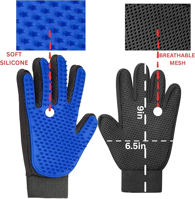 Pet Grooming Glove for Dogs, Cats & Horses – 2-in-1 Deshedding & Massage Mitt – Soft Silicone Tips – Left & Right Hand Set + Bonus Detail Tool