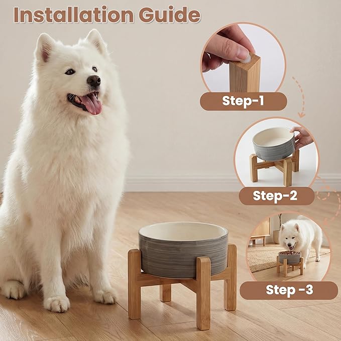 hjn Elevated Ceramic Dog Bowl with Bamboo Stand, Raised Pet Feeding Station for Small Medium Dogs Cats, Modern Design with Anti-Slip Base (White Gray, 7.6Cup)