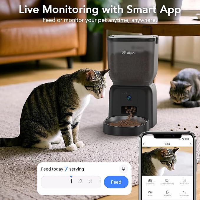Automatic Dog & Cat Feeder,APP Controlled with Freshness Preservation, 4L Timed Cat Feeder with Timer Programmable, HD Camera for Voice and Video Recording (Black