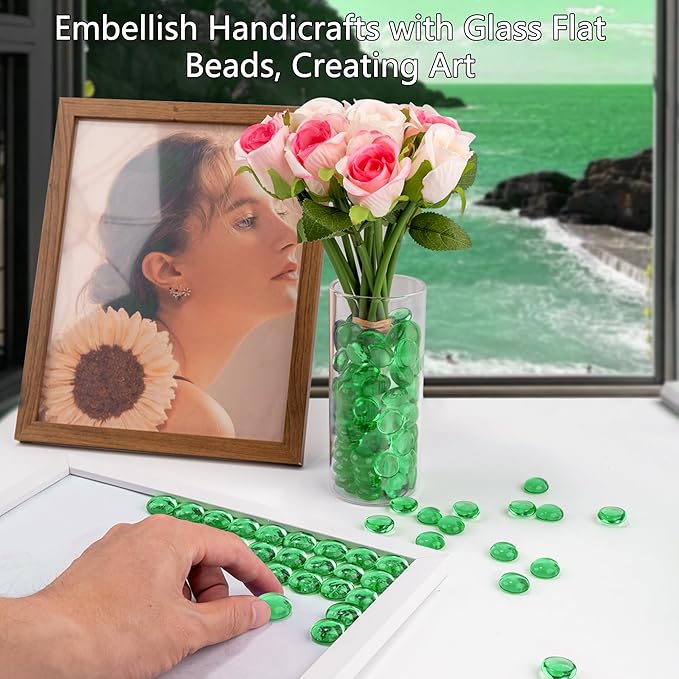 Green Glass Marbles, 0.97 LB Transparent and Smooth Flat Glass Beads for Vases, Mosaic Gem Pebbles for Aquarium Decor, Floral Arrangements, Mancala Stones, Vase Filler and Crafts (Approx. 80-100 PCS)