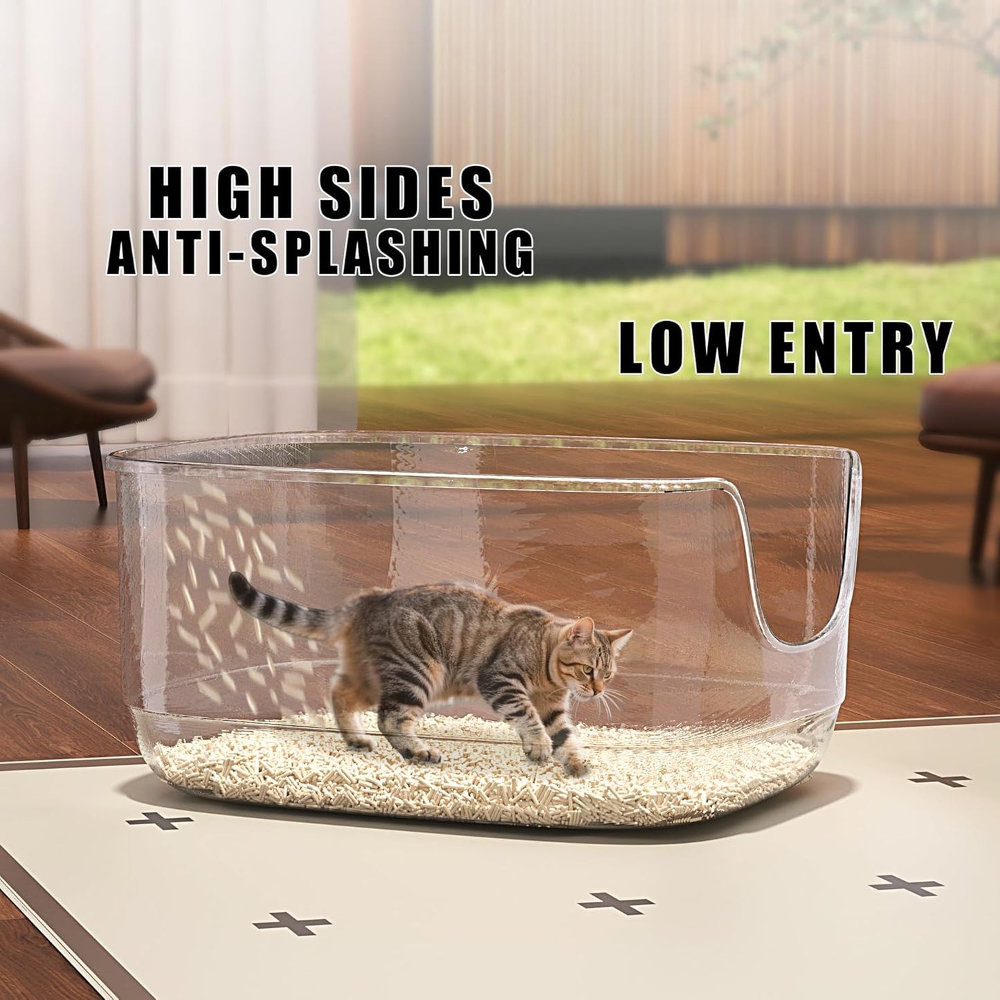 Gefryco Large Cat Litter Box with High Sided 24.6"x18.3"x12.2" - Jumbo Extra Large Open Anti - Splashing High Wall for Multiple Cats (Green)