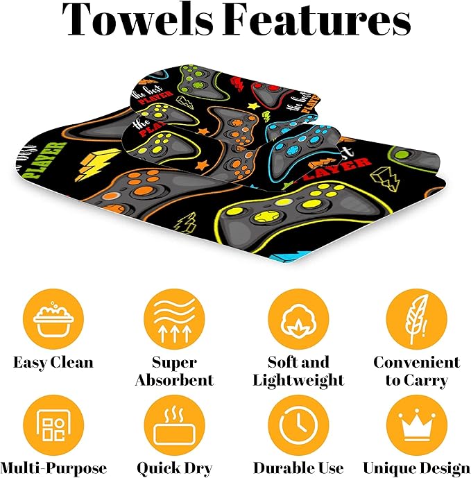 Gaming 3 Piece Towel Bathroom Sets, 1 Bath Towel, 1 Washcloth, 1 Hand Towel, Cotton Fast Dry Soft Absorbent Towel Set for Home Kitchen Family