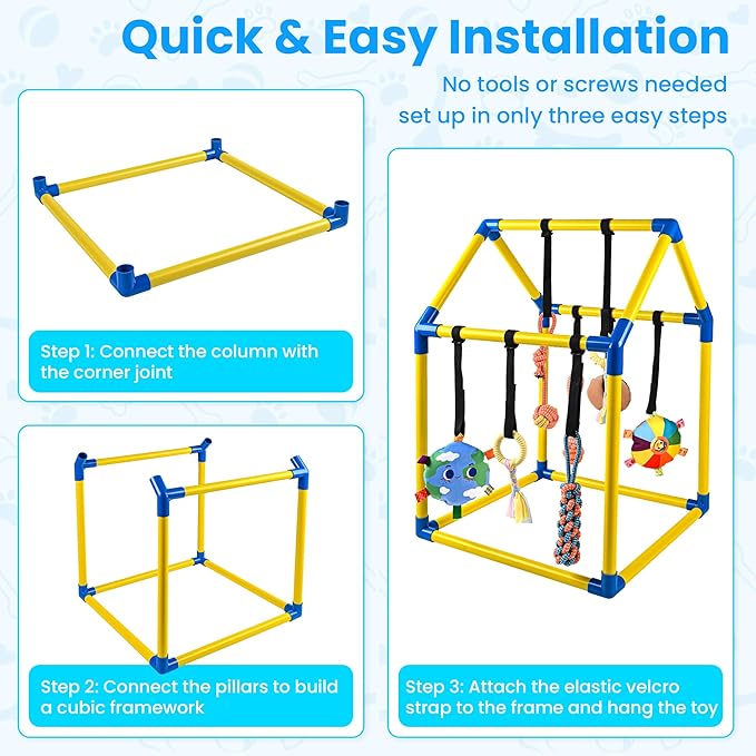 Almaro Puppy Play Gym with 8 Hanging Toys – Interactive Indoor Dog Enrichment Toy for Puppies & Small Dogs, Adjustable Bungee Toys, Tool-Free Assembly