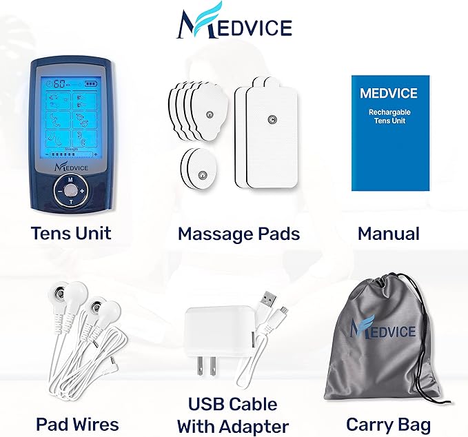 MEDVICE Dual Channel Rechargeable Tens Unit Muscle Stimulator - 2nd Gen 16 Modes & 8 Upgraded Pads for Natural Pain Relief & Management - FDA Cleared Electric Pulse Impulse Mini Massager Machine