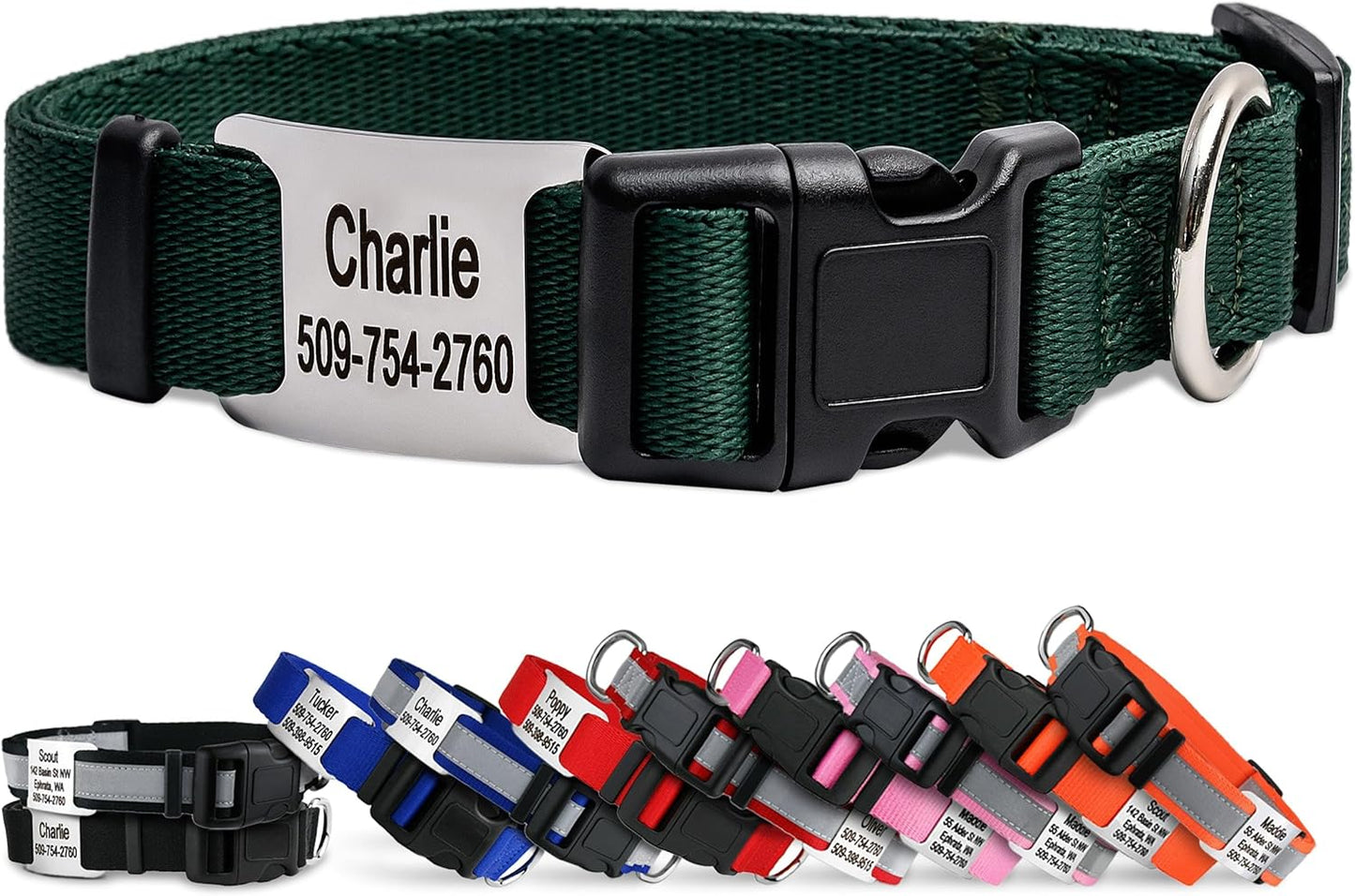 GoTags Personalized Dog Collar with Nameplate, Adjustable Dog Collar with Custom Engraved Slide On Pet ID Tag in Stainless Steel, Silent, No Noise Dog Tag (Hunter Green, Medium)