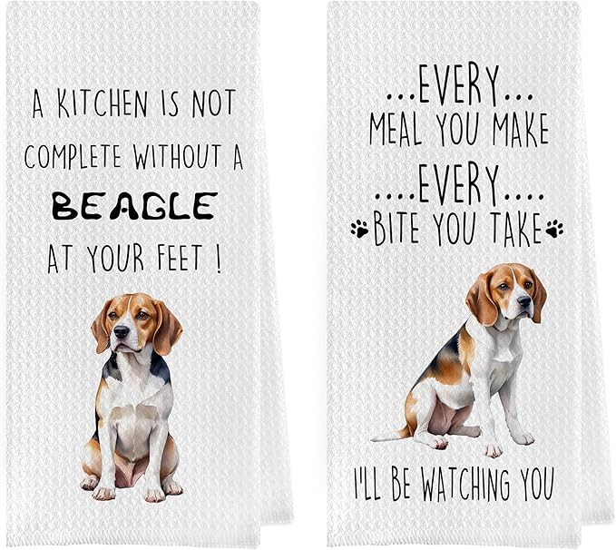 Funny Beagle Dish Towels Set - Beagle Gifts Decorative Waffle Weave Kitchen Towels, Hand Towel, Tea Towel (16×24 Inches, Set of 2)