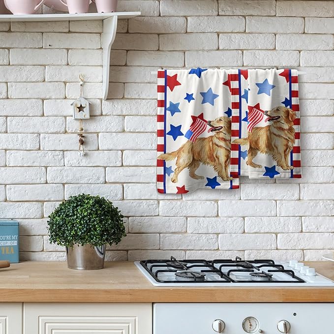 Giwawa Patriotic Dog Wood Hand Towels Set of 2 American Flag Kitchen Dish Towel 4th of July Absorbent Bath Face Towels for Home Hotel Bathroom