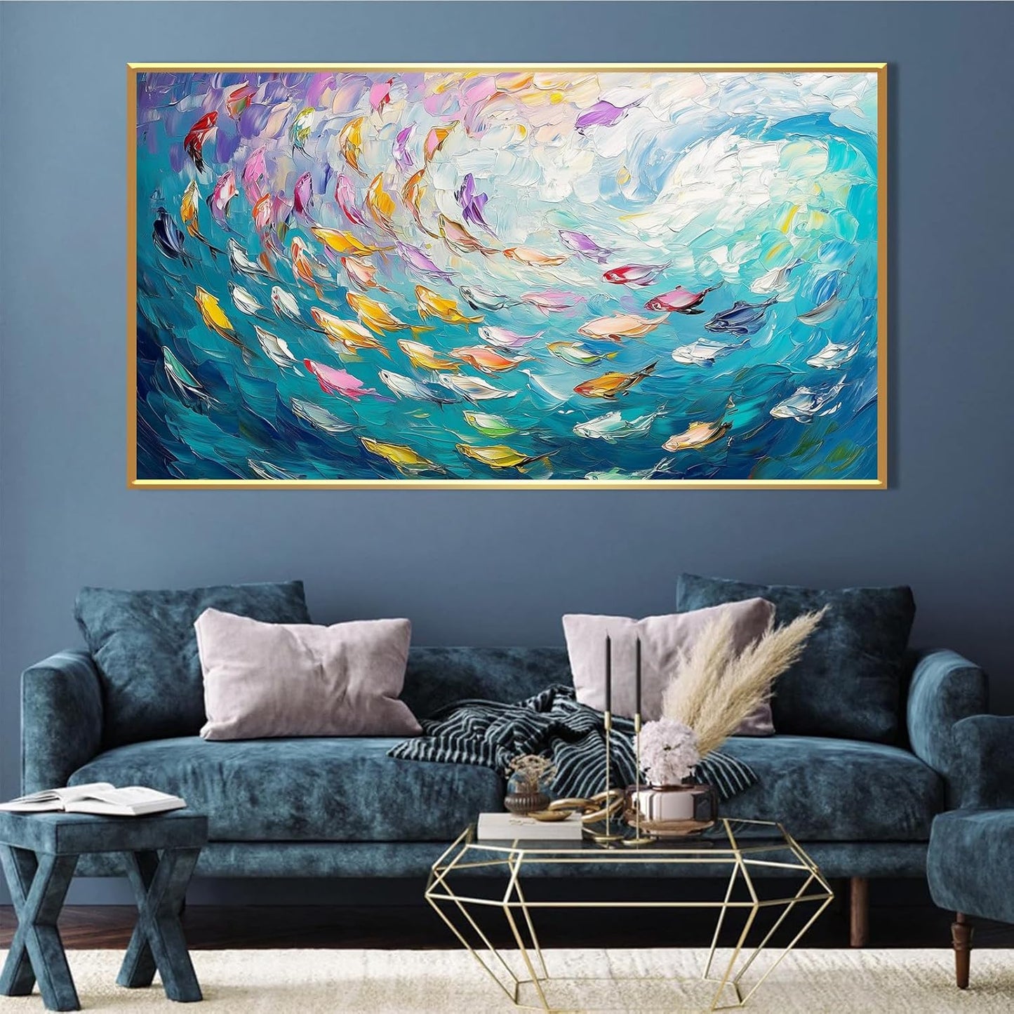 Fish Canvas Wall Art, Abstract School of Fish Canvas Wall Art, School of Fish Painting Canvas, School of Fish Wall Art, Fish Wall Decor, Fish Pictures Wall Decor, Bedroom Canvas Wall Decor (Black Framed, 69"x39" | 174x98cm)
