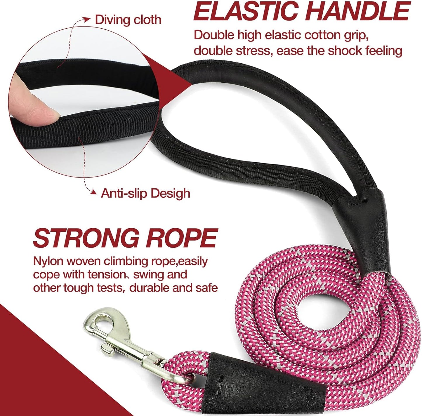 Purple 4FT Dog Leash for Large Dogs Night Walking Reflective Heavy Duty Chew-Resistant Nylon Leash with Padded Handle and 360° Swivel Clip Strong for Medium to Large Breeds