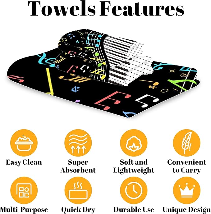 Gaming 3 Piece Towel Bathroom Sets, 1 Bath Towel, 1 Washcloth, 1 Hand Towel, Cotton Fast Dry Soft Absorbent Towel Set for Home Kitchen Family (Music Note Piano)