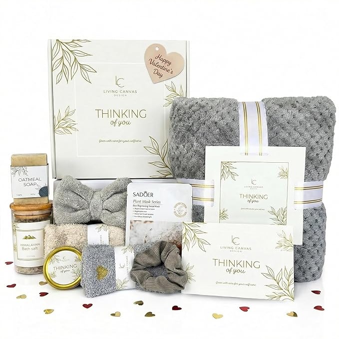 Valentine’s Day Gifts for Her – 11-Piece Women’s Self Care Spa Gift Basket with Blanket, Bath Salts & Oatmeal Soap, Romantic Get Well & Inspirational Gift for Girlfriend, Wife, Mom