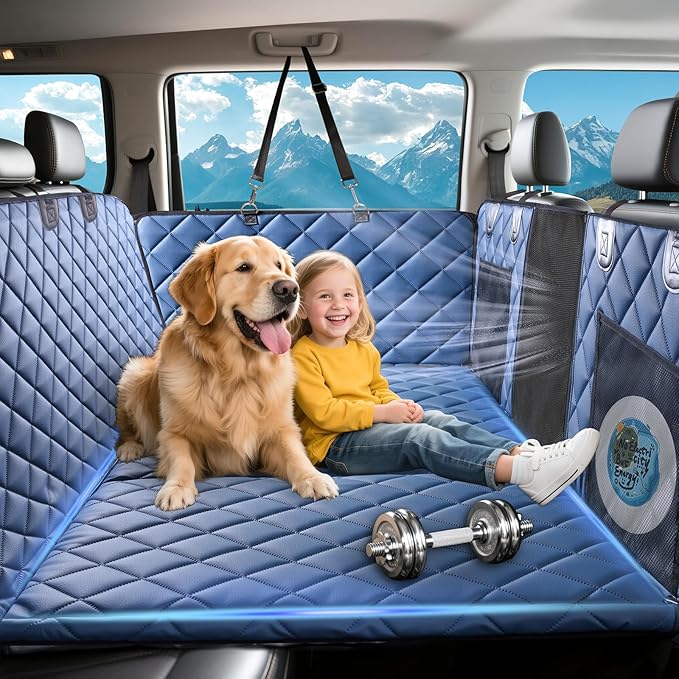 Hard Bottom Car Seat Cover for Dogs, PU+Plush Dog Car Seat Cover for Back Seat, Waterproof Backseat Extender for Dogs in Car (Navy Blue, L - Cars, Small/Mid-Size SUVs & Trucks)