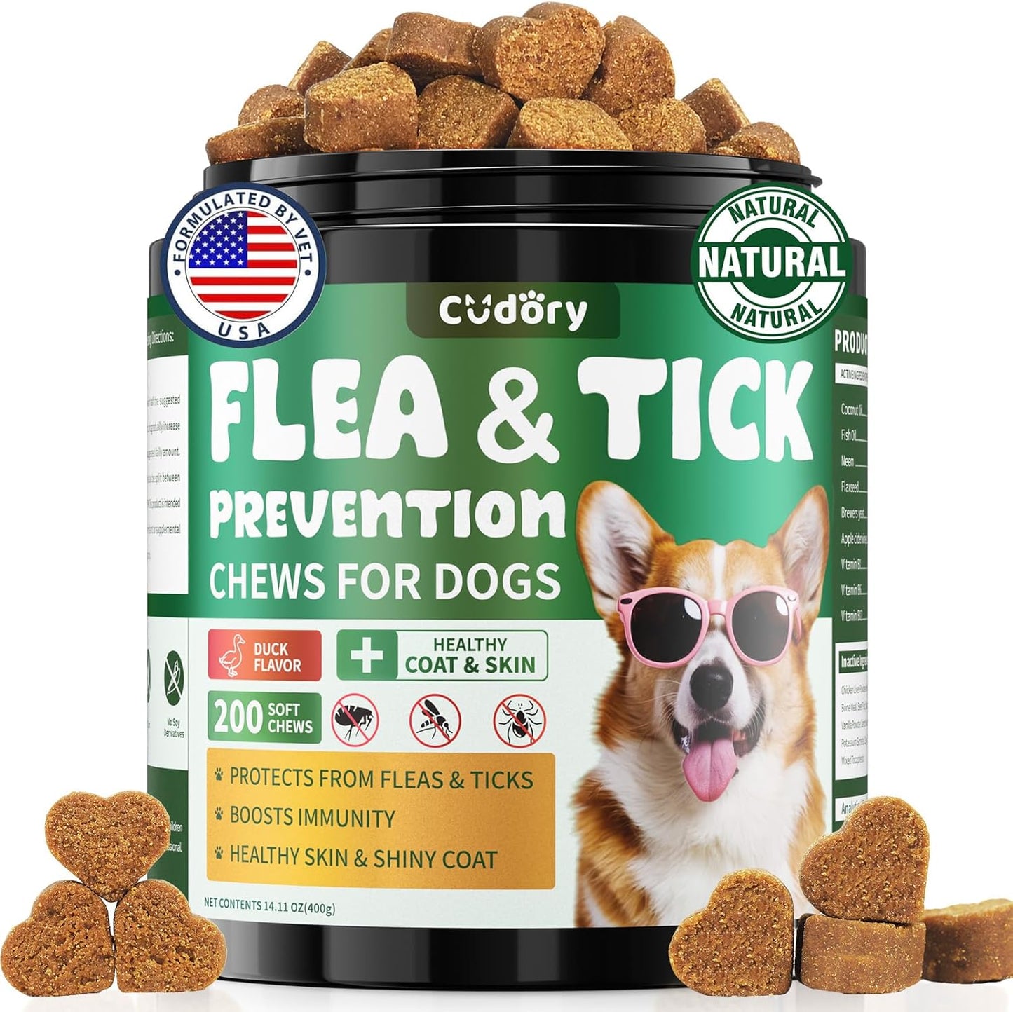 Flea and Tick Prevention for Dogs Chews – 200 Soft Chews, Dog Flea Chewables with Skin & Coat Support – Oral Supplement for All Breeds & Ages – Natural Duck Flavor