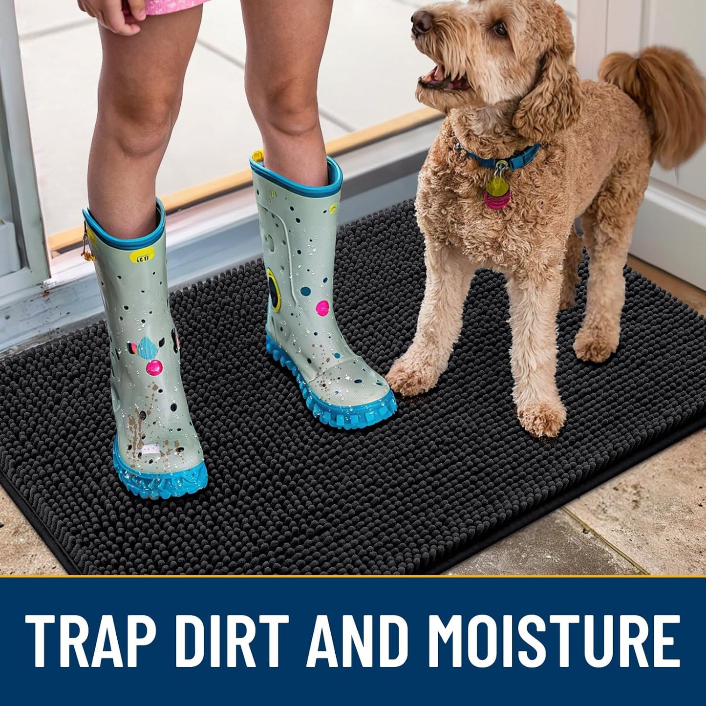Smiry Dog Door Mat for Muddy Paws 36x24, Absorbs Moisture and Dirt Doormat, Non-Slip Washable Quick Dry Chenille Front Door Mat Indoor Entrance, Entryway Carpet for Inside Floor, Black
