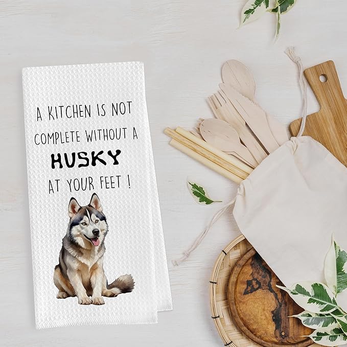Funny Husky Dish Towels Set - Decorative Waffle Weave Kitchen Hand Tea Towels, Siberian Husky Gifts (1624 Inches, Set of 2)