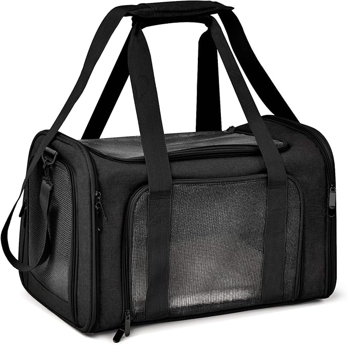 Large Soft Sided Cat and Pet Carrier for Cats and Puppies up to 25Lbs - Collapsible, Waterproof Travel Carrier - Black