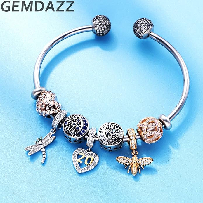 GEMDAZZ Animal Theme Charms in 925 Sterling Silver, Cute 3D Polar Bear, Frog, Cicada, Ladybug, Bee, Dragonfly Beads fit European Women Bracelet, Gift for Birthday/Christmas/Friends/Mom/Lover