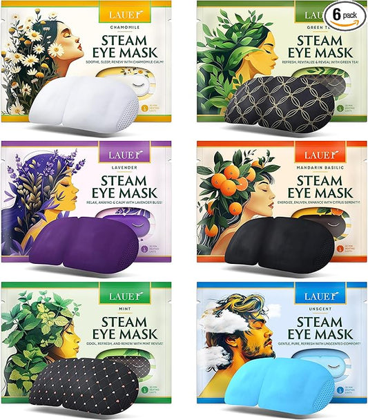 Heated Eye Steam Mask Dry Eyes Self Warm Compress Dark Circles Puffiness Set of Scent (Lavender, Chamomile, Green Tea, Mint, Mandarin Basilic, Unscented) Pack of 6 Masks for Women