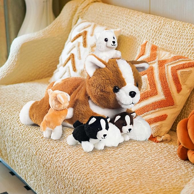 5 Pieces Dog Stuffed Animal, Corgi Stuffed Animal with Babies Inside - 1 Mommy Stuffed Dog Plush Toy with 4 Puppies, Puppy Stuffed Animals Surprise for Kids Boys Girls Easter Birthday Christmas Party
