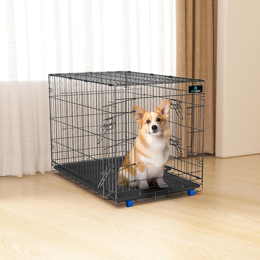 PetsTuff Great CRATES 36” Large Dog Crate - Heavy-Duty Dog Kennel with Divider Panel for Pets 40-60lbs - Durable Leaf-Proof Tray - Foldable, Carry Handle & Wheels for Easy Moving - Two-Door Dog Cage