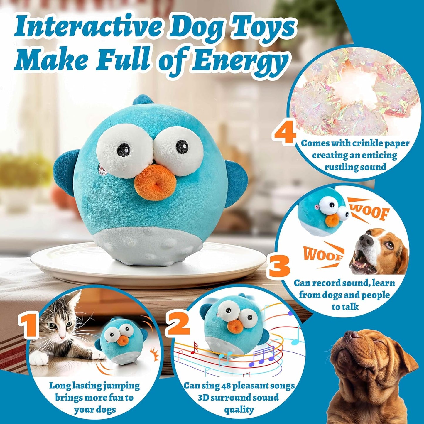 Dog Toys,Rechargeable Crinkle Chew Interactive Squeaky Toy with Jumping Music Moving Ball for Small Medium Large Breed Puppy Toys to Keep Pets Busy (Puffer)
