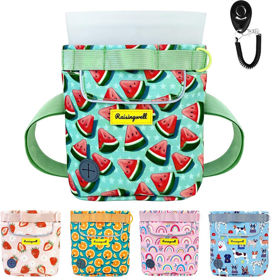 Dog Treat Pouch for Pet Walking and Training with Clicker 2 Cup Silicone Bag Small Fanny Pack Holder for Puppy Snack Dispenser Kit for Leash and Outdoor Use (Watermelon)
