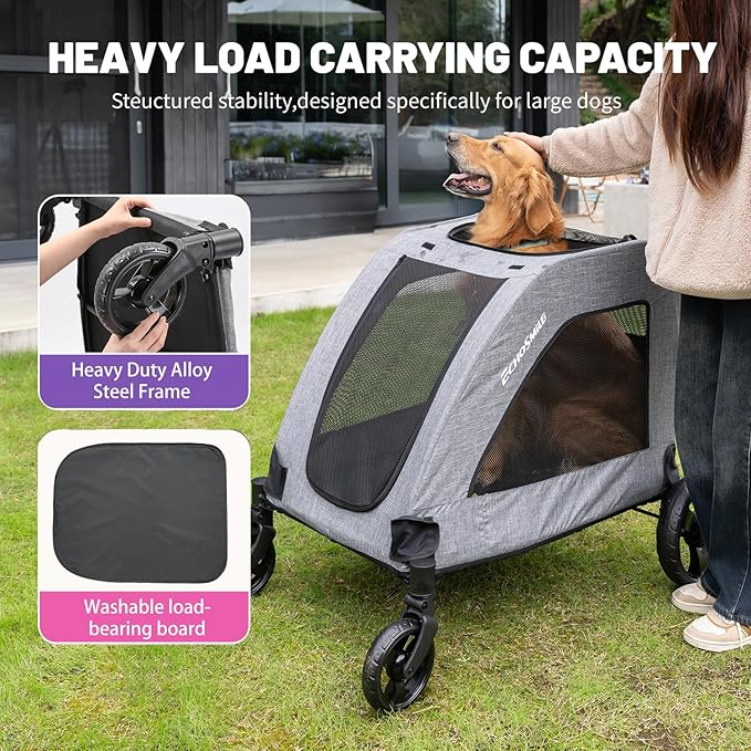 EchoSmile XL Extra Large Dog Stroller - Adjustable Handles,Lightweight Folding Pet Stroller,All-Terrain 4 Wheel for 2 Medium Dogs,Dual Entry Safety Dog Stroller,Capacity 160 lbs,Gray