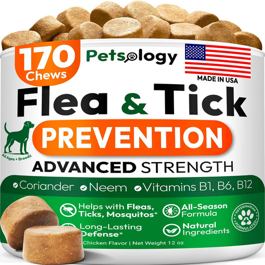 Flea and Tick Prevention for Dogs Pills - Natural Dog Flea & Tick Control - 170 Soft Chewables - Oral Defense Treatment for Dogs Supplement - Vet Formulated Chews - All Breeds & Ages - Made in USA