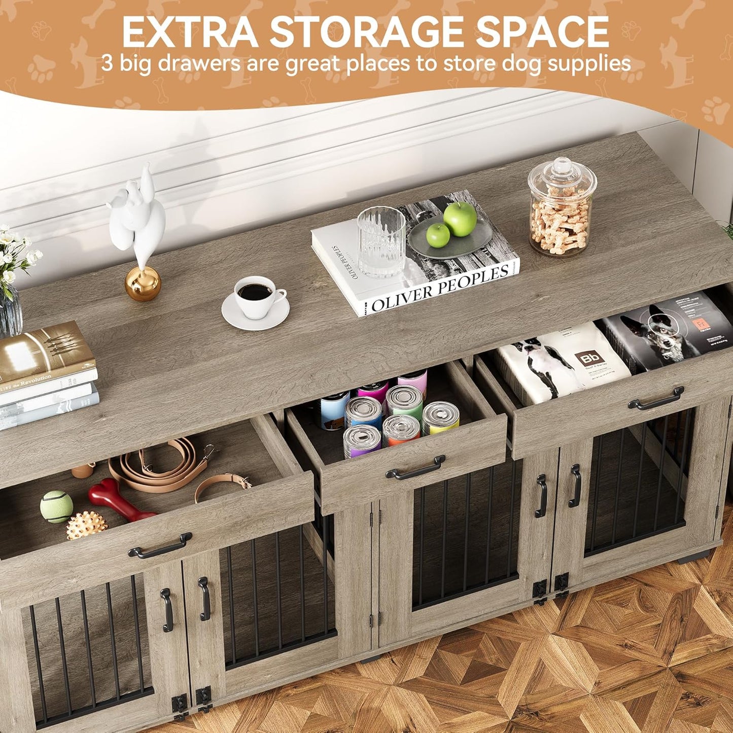 71 in Dog Crate Furniture for 2 Dogs, Wooden Double Dog Crate with 3 Drawers and Removable Room Divider, XXL Indoor Dog Kennel TV Stand End Table with Double Doors for Large Medium Dogs, Grey